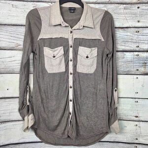 Langtry Taupe Colorblock Button Blouse Womens L